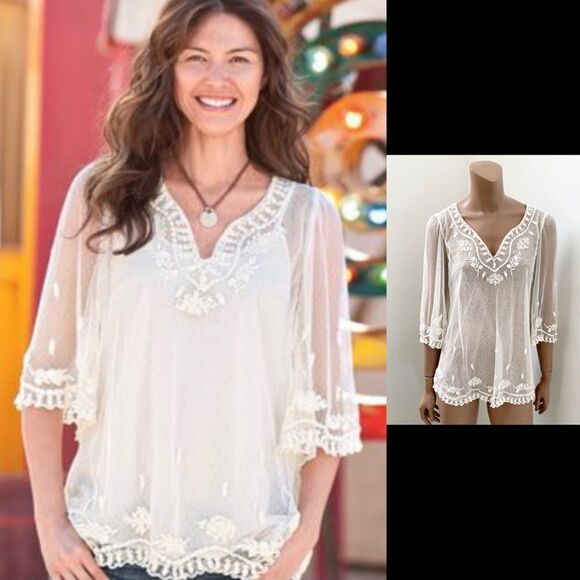SUNDANCE ivory embroidered mesh sheer top XS - Picture 1 of 8